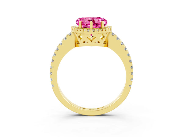 Yellow gold Heart Cut Pink Sapphire Halo Engagement Ring with Pavé Band and Prong Setting