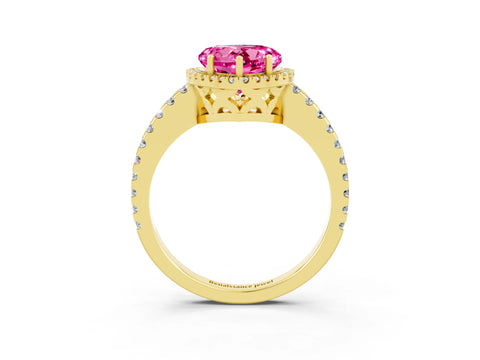 Yellow gold Heart Cut Pink Sapphire Halo Engagement Ring with Pavé Band and Prong Setting_15