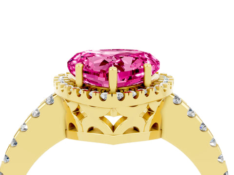 Yellow gold Heart Cut Pink Sapphire Halo Engagement Ring with Pavé Band and Prong Setting_16