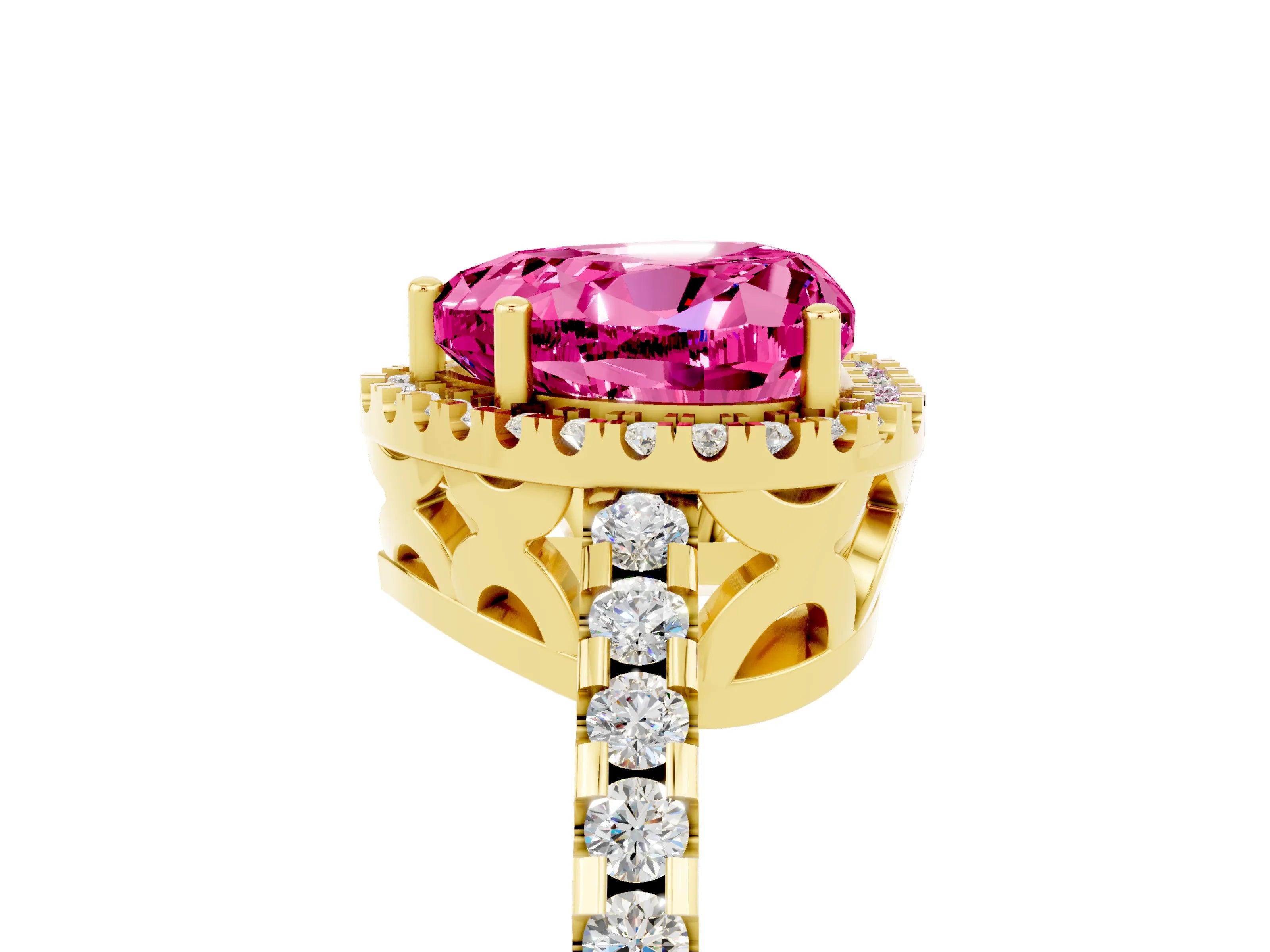 Yellow gold Heart Cut Pink Sapphire Halo Engagement Ring with Pavé Band and Prong Setting_17