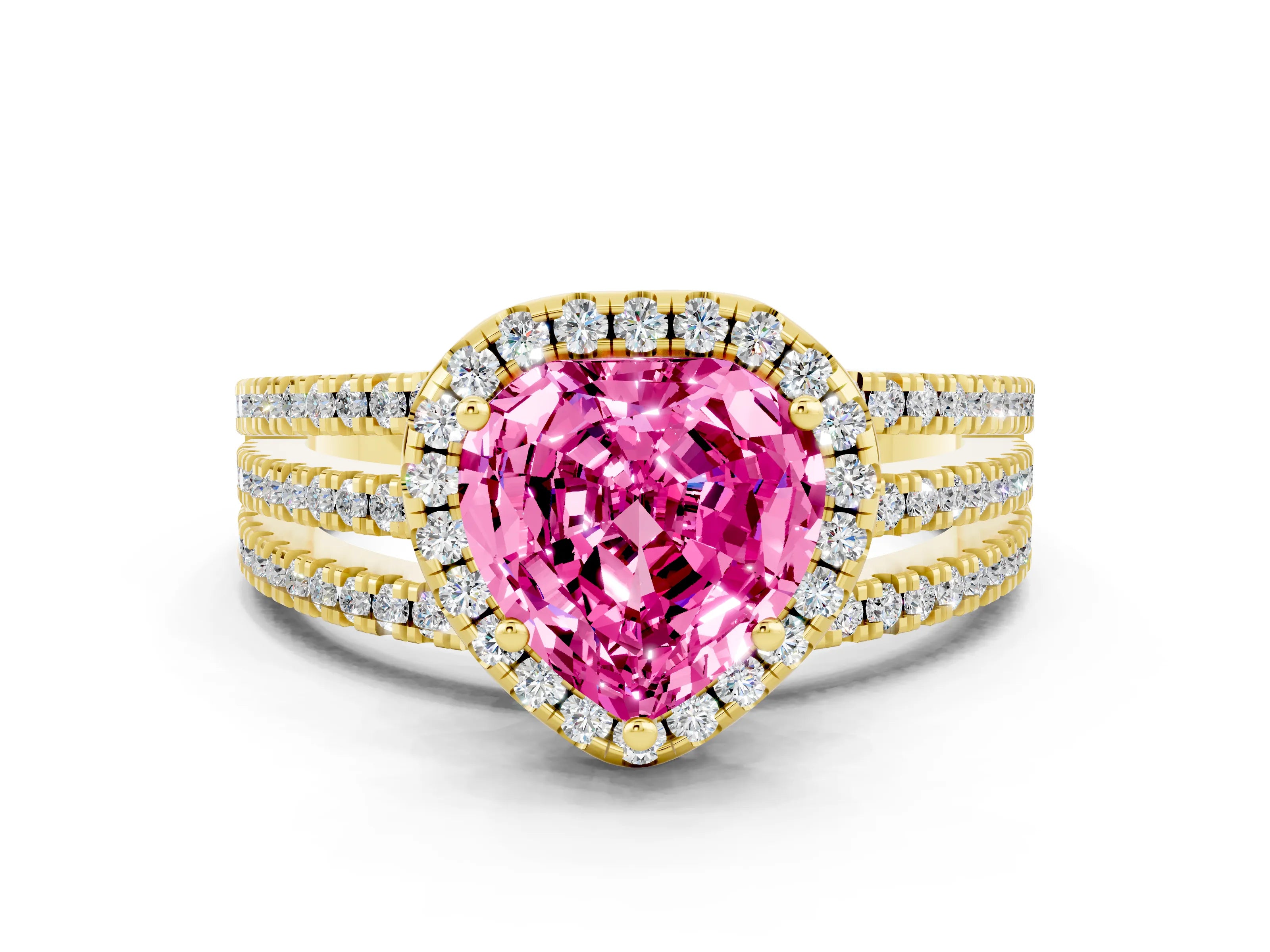 Yellow gold Heart Cut Pink Sapphire Halo Engagement Ring with Split Shank and Four-Prong Setting