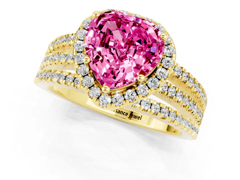 Yellow gold Heart Cut Pink Sapphire Halo Engagement Ring with Split Shank and Four-Prong Setting_1