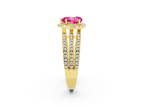 Yellow gold Heart Cut Pink Sapphire Halo Engagement Ring with Split Shank and Four-Prong Setting_2
