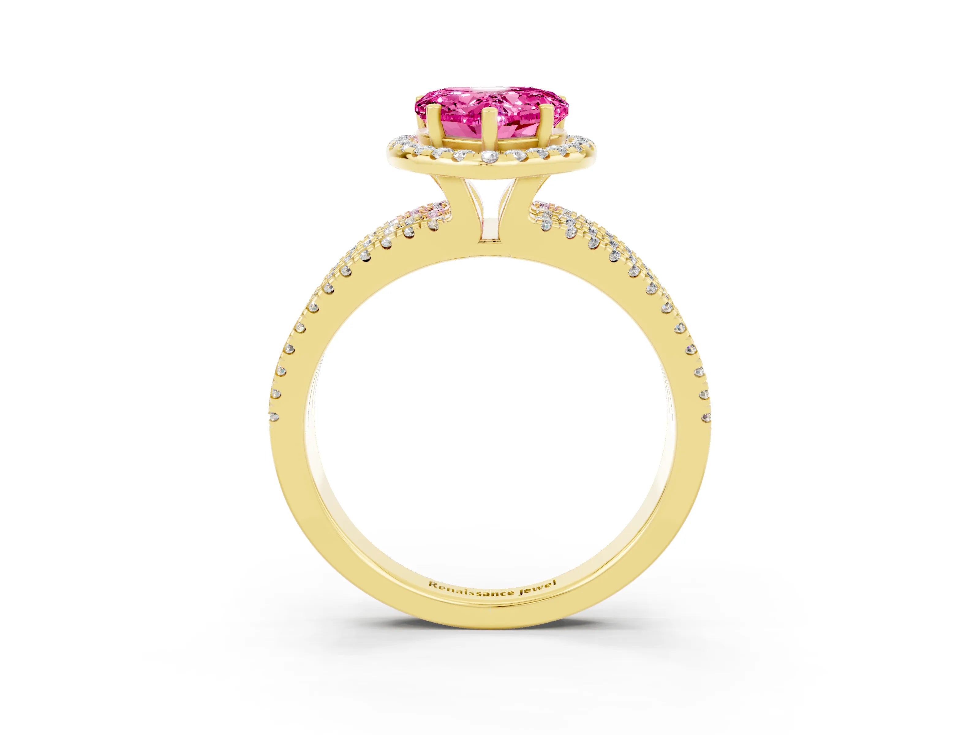 Yellow gold Heart Cut Pink Sapphire Halo Engagement Ring with Split Shank and Four-Prong Setting_3