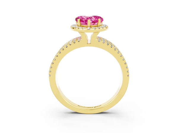 Yellow gold Heart Cut Pink Sapphire Halo Engagement Ring with Split Shank and Four-Prong Setting