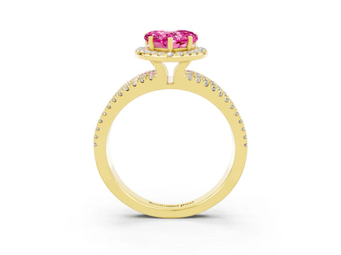 Yellow gold Heart Cut Pink Sapphire Halo Engagement Ring with Split Shank and Four-Prong Setting_3
