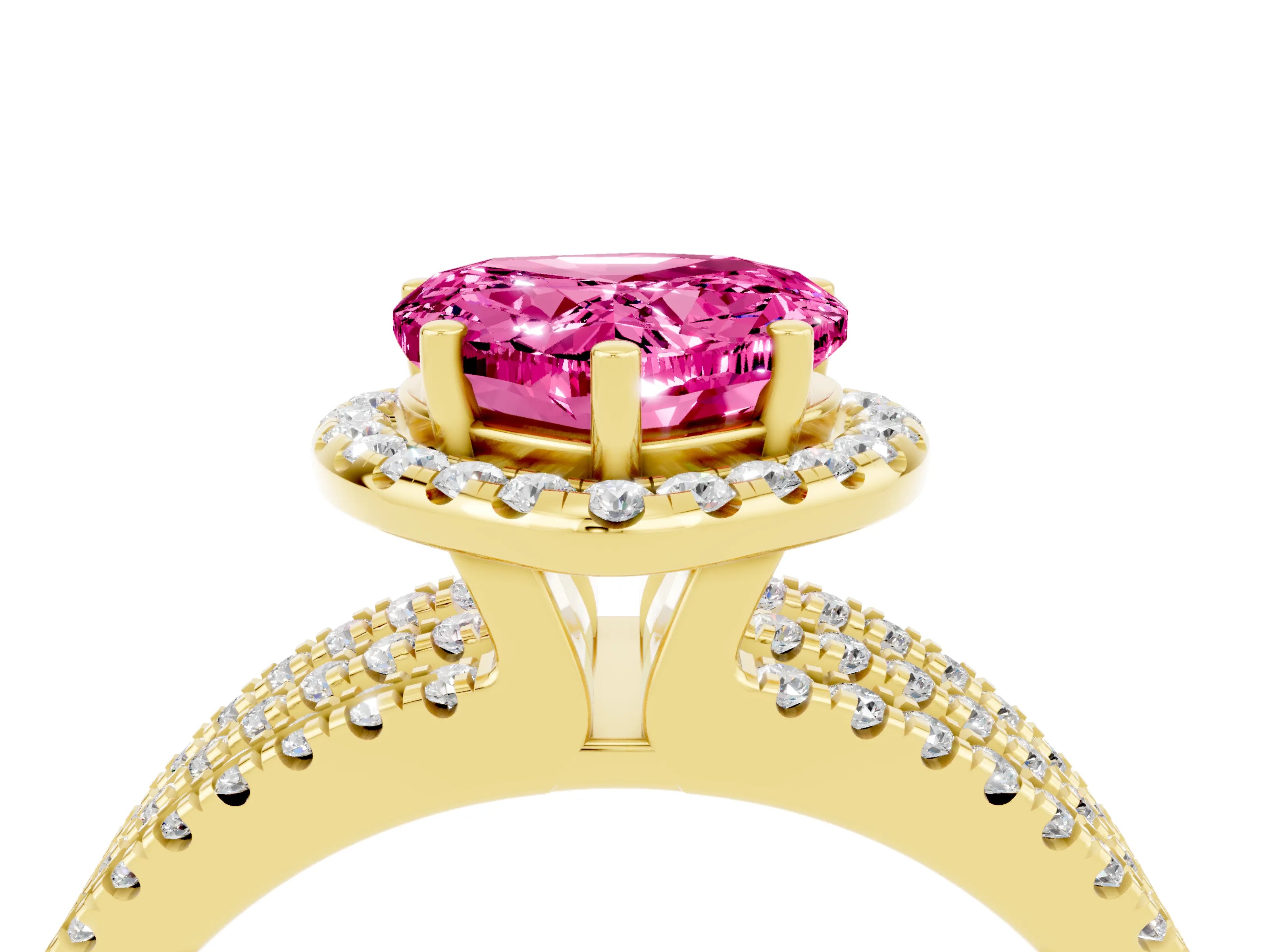 Yellow gold Heart Cut Pink Sapphire Halo Engagement Ring with Split Shank and Four-Prong Setting_4