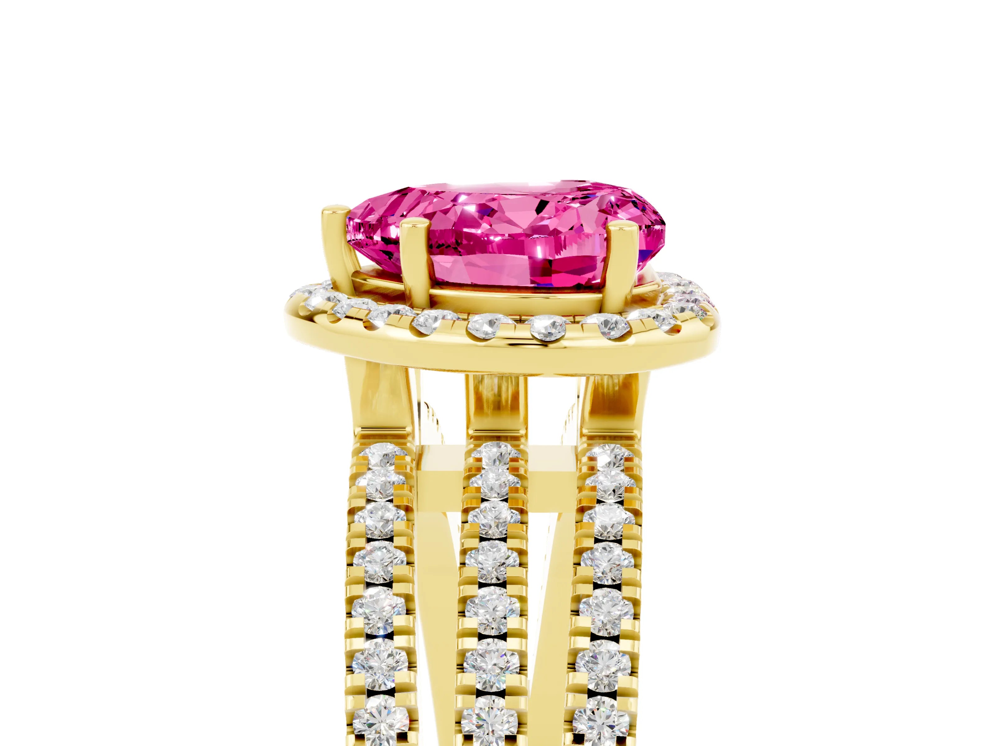 Yellow gold Heart Cut Pink Sapphire Halo Engagement Ring with Split Shank and Four-Prong Setting_5