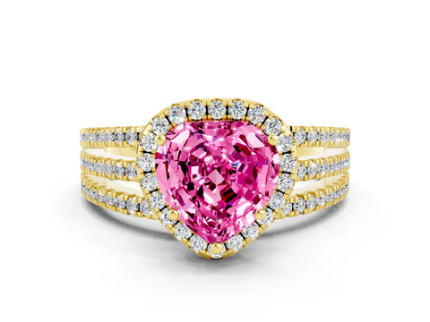 Yellow gold Heart Cut Pink Sapphire Halo Engagement Ring with Split Shank and Four-Prong Setting