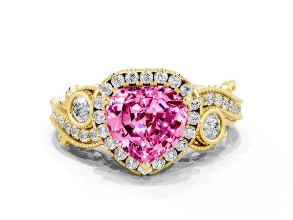 Yellow gold Heart Cut Pink Sapphire Halo Ring with Milgrain Pavé Band and Four-Prong Setting