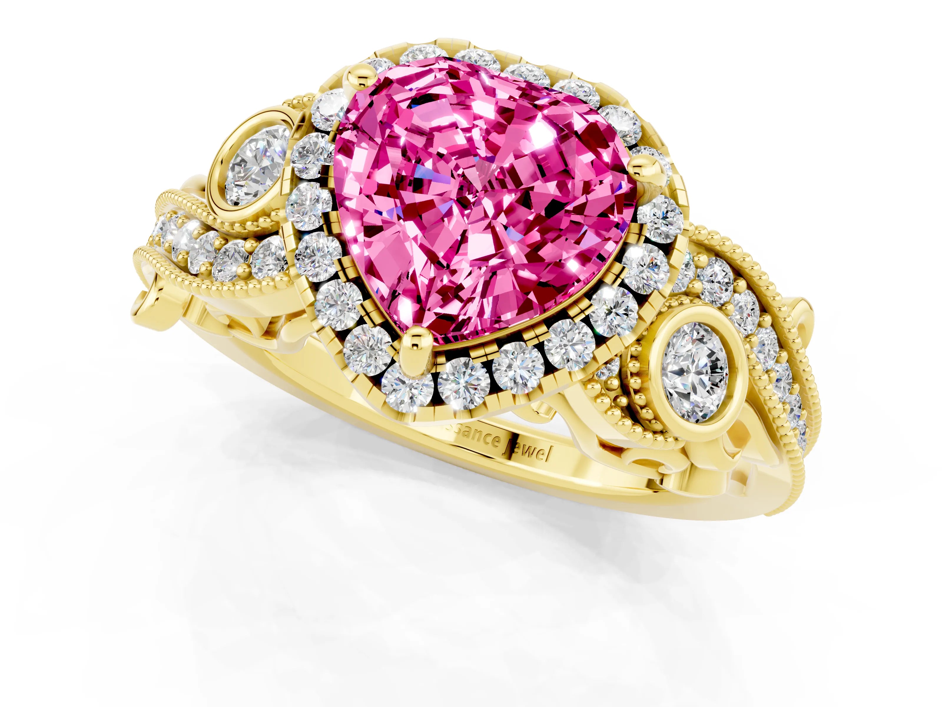 Yellow gold Heart Cut Pink Sapphire Halo Ring with Milgrain Pavé Band and Four-Prong Setting_13