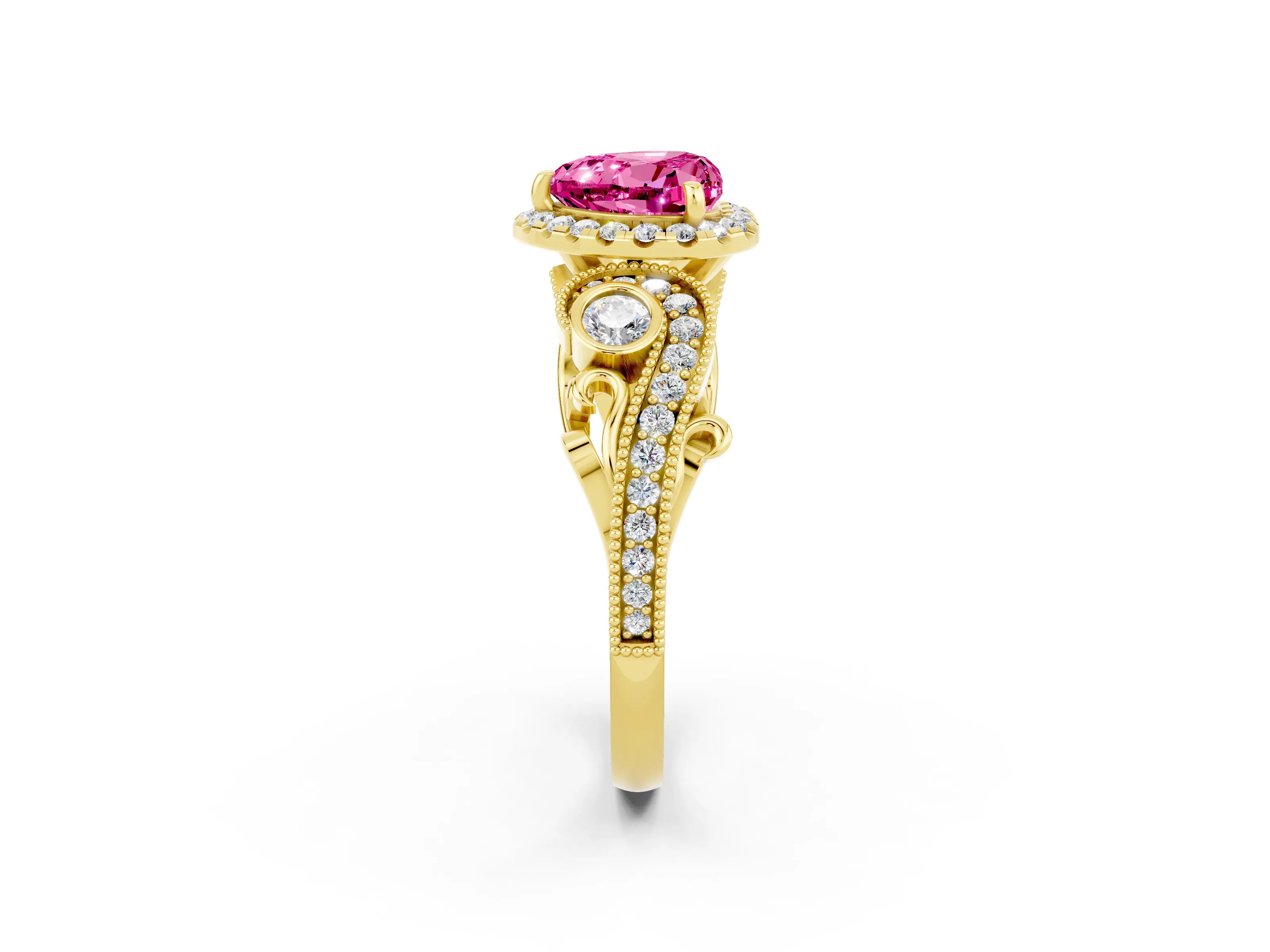 Yellow gold Heart Cut Pink Sapphire Halo Ring with Milgrain Pavé Band and Four-Prong Setting_14