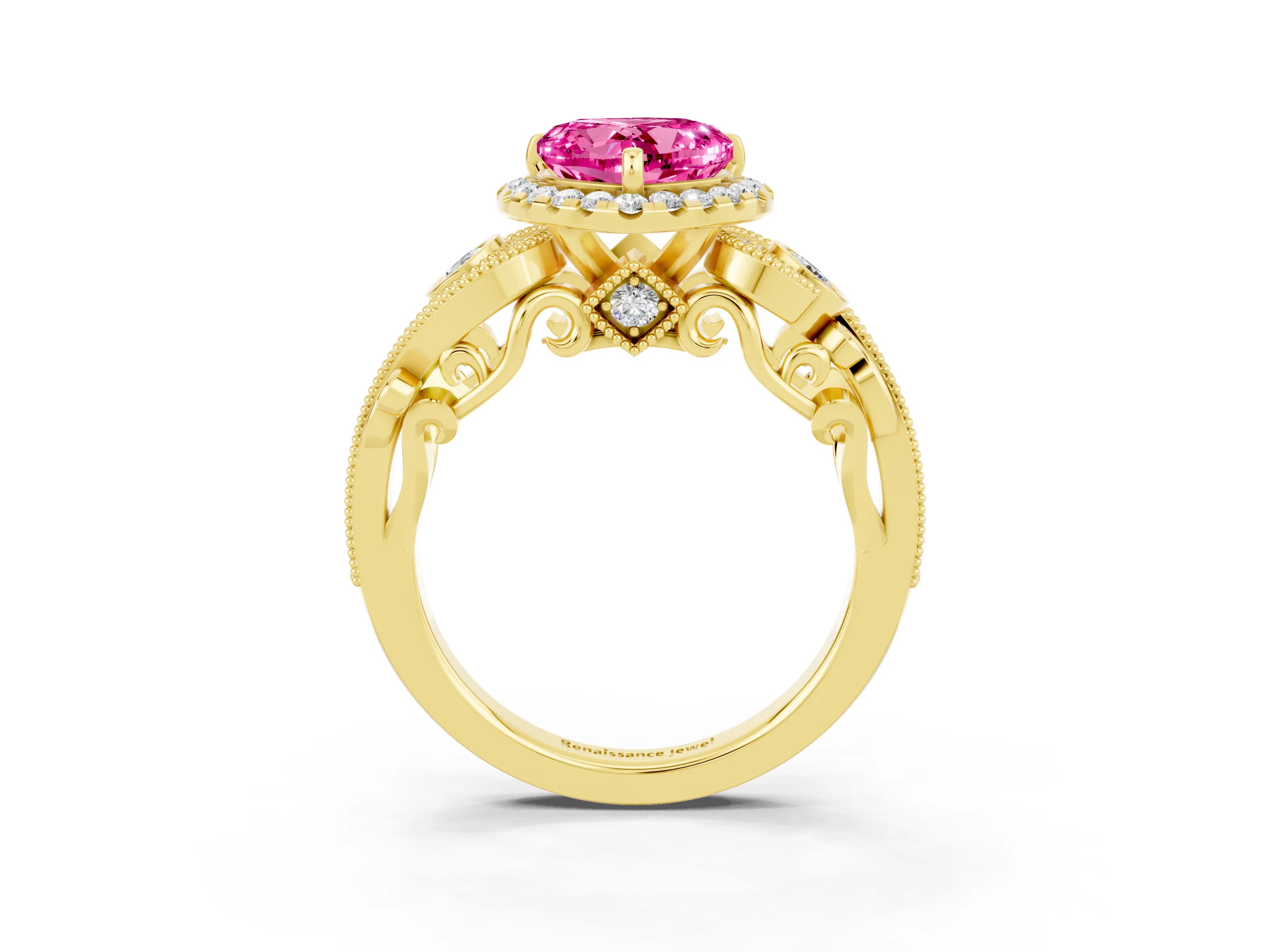 Yellow gold Heart Cut Pink Sapphire Halo Ring with Milgrain Pavé Band and Four-Prong Setting_15