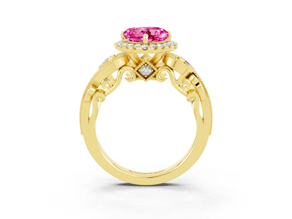 Yellow gold Heart Cut Pink Sapphire Halo Ring with Milgrain Pavé Band and Four-Prong Setting