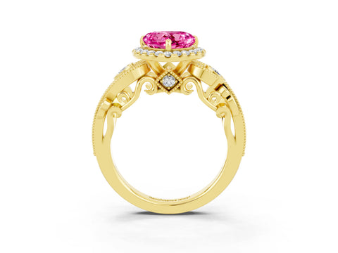Yellow gold Heart Cut Pink Sapphire Halo Ring with Milgrain Pavé Band and Four-Prong Setting_15