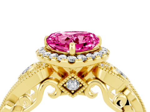 Yellow gold Heart Cut Pink Sapphire Halo Ring with Milgrain Pavé Band and Four-Prong Setting_16