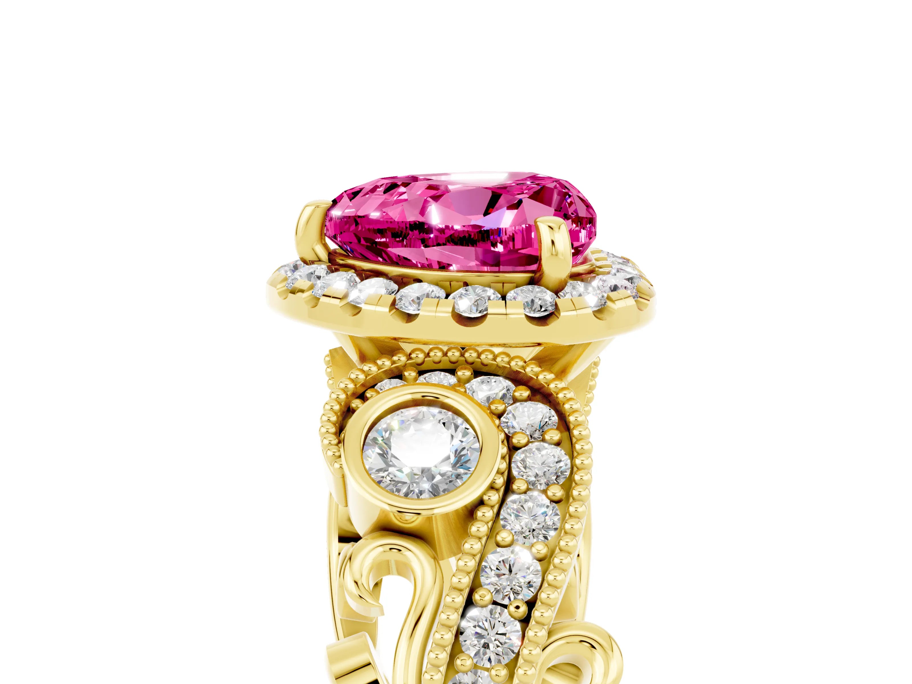 Yellow gold Heart Cut Pink Sapphire Halo Ring with Milgrain Pavé Band and Four-Prong Setting_17