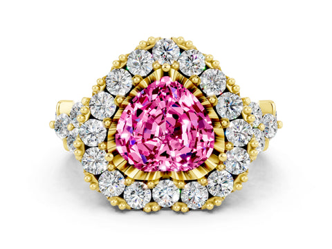 Yellow gold Heart Cut Pink Sapphire Halo Ring with Pavé Band and Four-Prong Setting_12