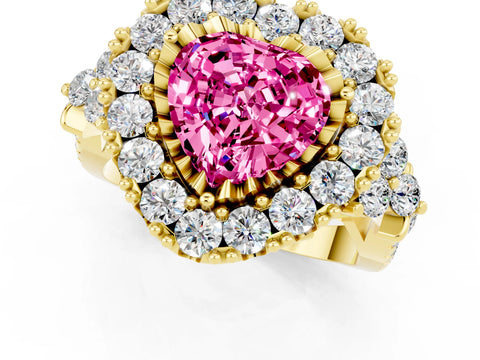 Yellow gold Heart Cut Pink Sapphire Halo Ring with Pavé Band and Four-Prong Setting_13