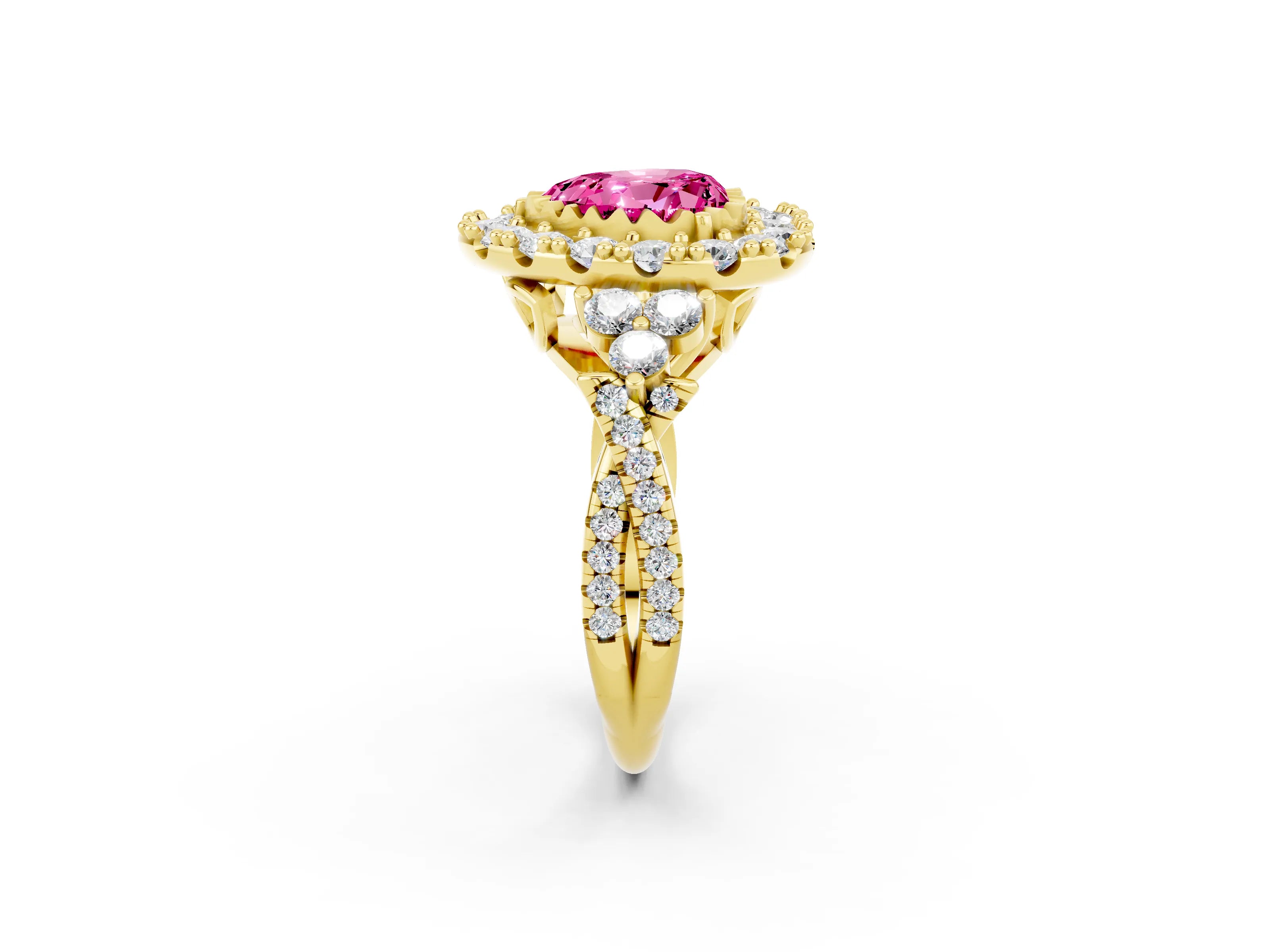 Yellow gold Heart Cut Pink Sapphire Halo Ring with Pavé Band and Four-Prong Setting_14