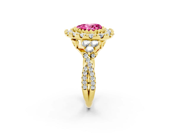 Yellow gold Heart Cut Pink Sapphire Halo Ring with Pavé Band and Four-Prong Setting