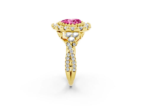 Yellow gold Heart Cut Pink Sapphire Halo Ring with Pavé Band and Four-Prong Setting_14