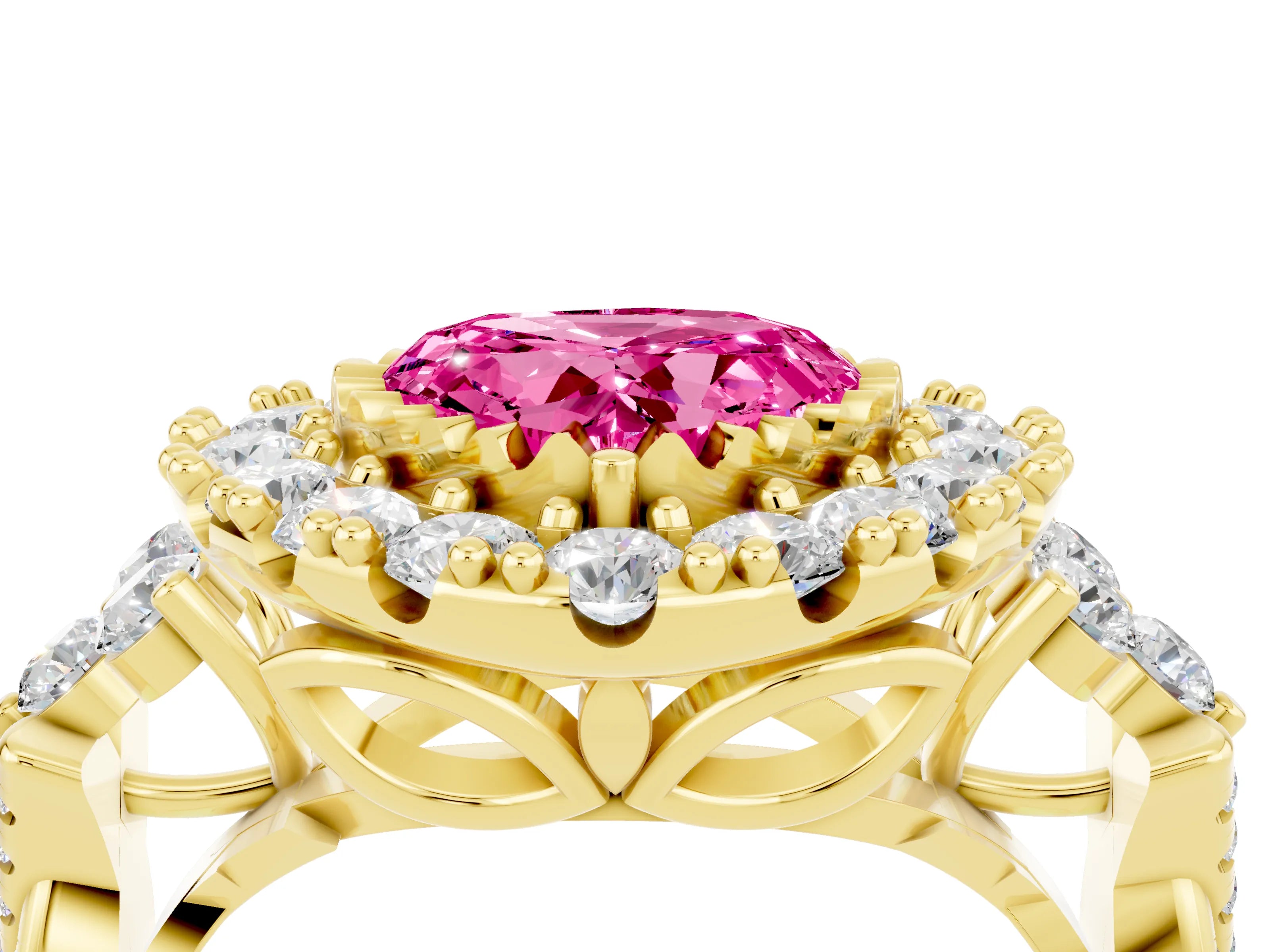 Yellow gold Heart Cut Pink Sapphire Halo Ring with Pavé Band and Four-Prong Setting_16