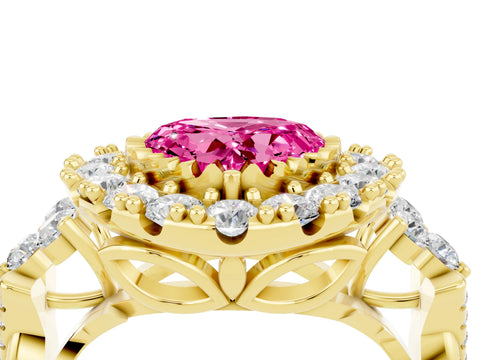 Yellow gold Heart Cut Pink Sapphire Halo Ring with Pavé Band and Four-Prong Setting_16