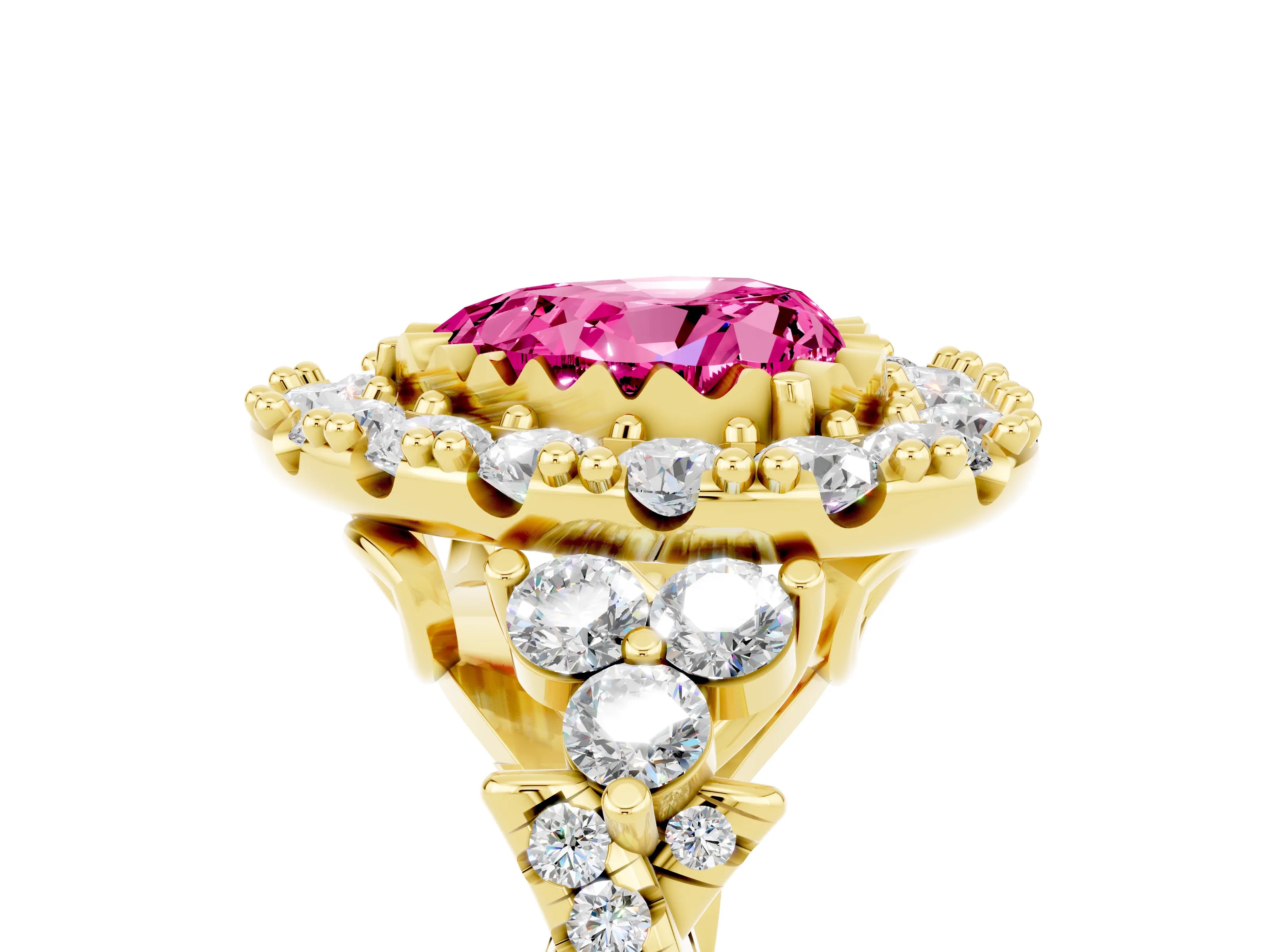 Yellow gold Heart Cut Pink Sapphire Halo Ring with Pavé Band and Four-Prong Setting_17