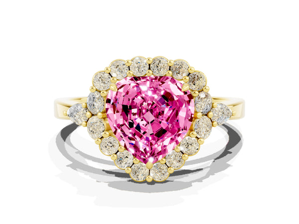 Yellow gold Heart Cut Pink Sapphire Halo Ring with Pear Side Stones and Prong Setting