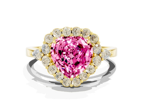 Yellow gold Heart Cut Pink Sapphire Halo Ring with Pear Side Stones and Prong Setting_12
