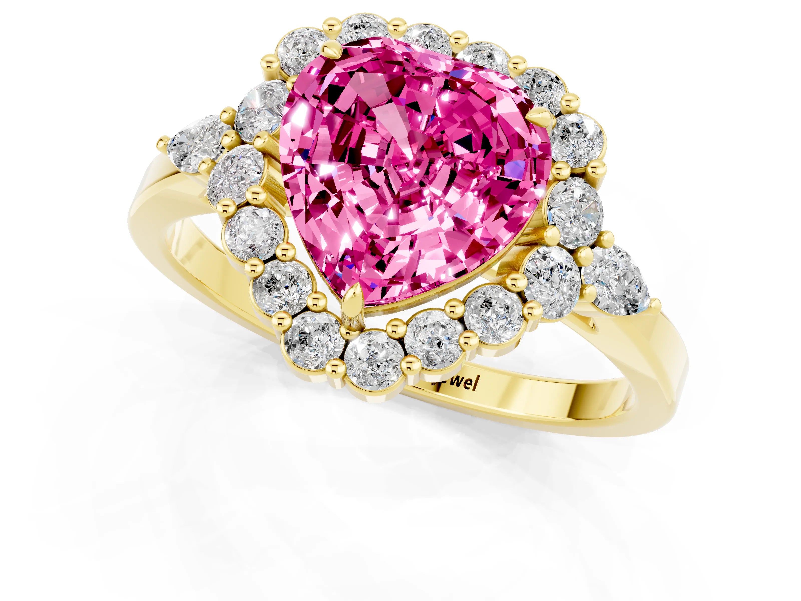 Yellow gold Heart Cut Pink Sapphire Halo Ring with Pear Side Stones and Prong Setting_13