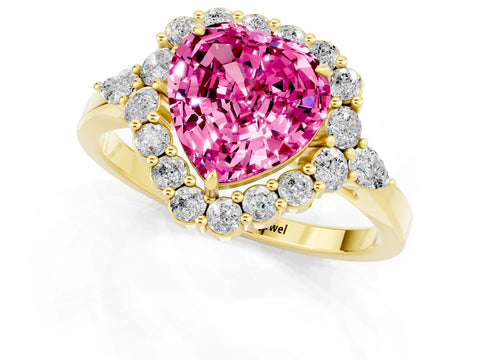 Yellow gold Heart Cut Pink Sapphire Halo Ring with Pear Side Stones and Prong Setting_13