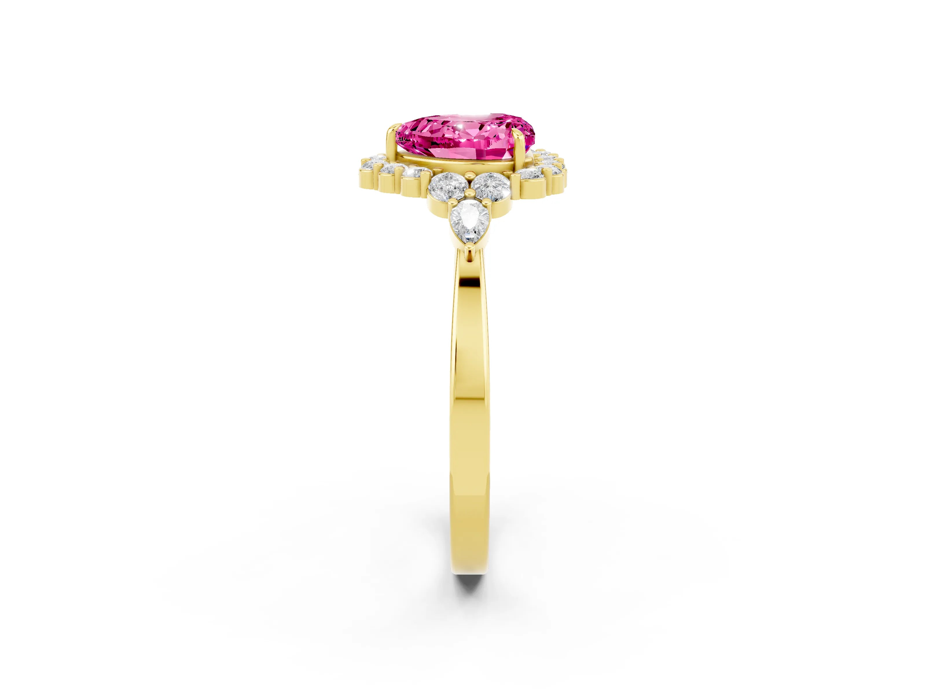 Yellow gold Heart Cut Pink Sapphire Halo Ring with Pear Side Stones and Prong Setting_14