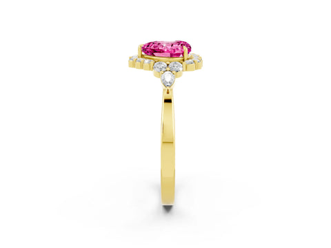 Yellow gold Heart Cut Pink Sapphire Halo Ring with Pear Side Stones and Prong Setting_14