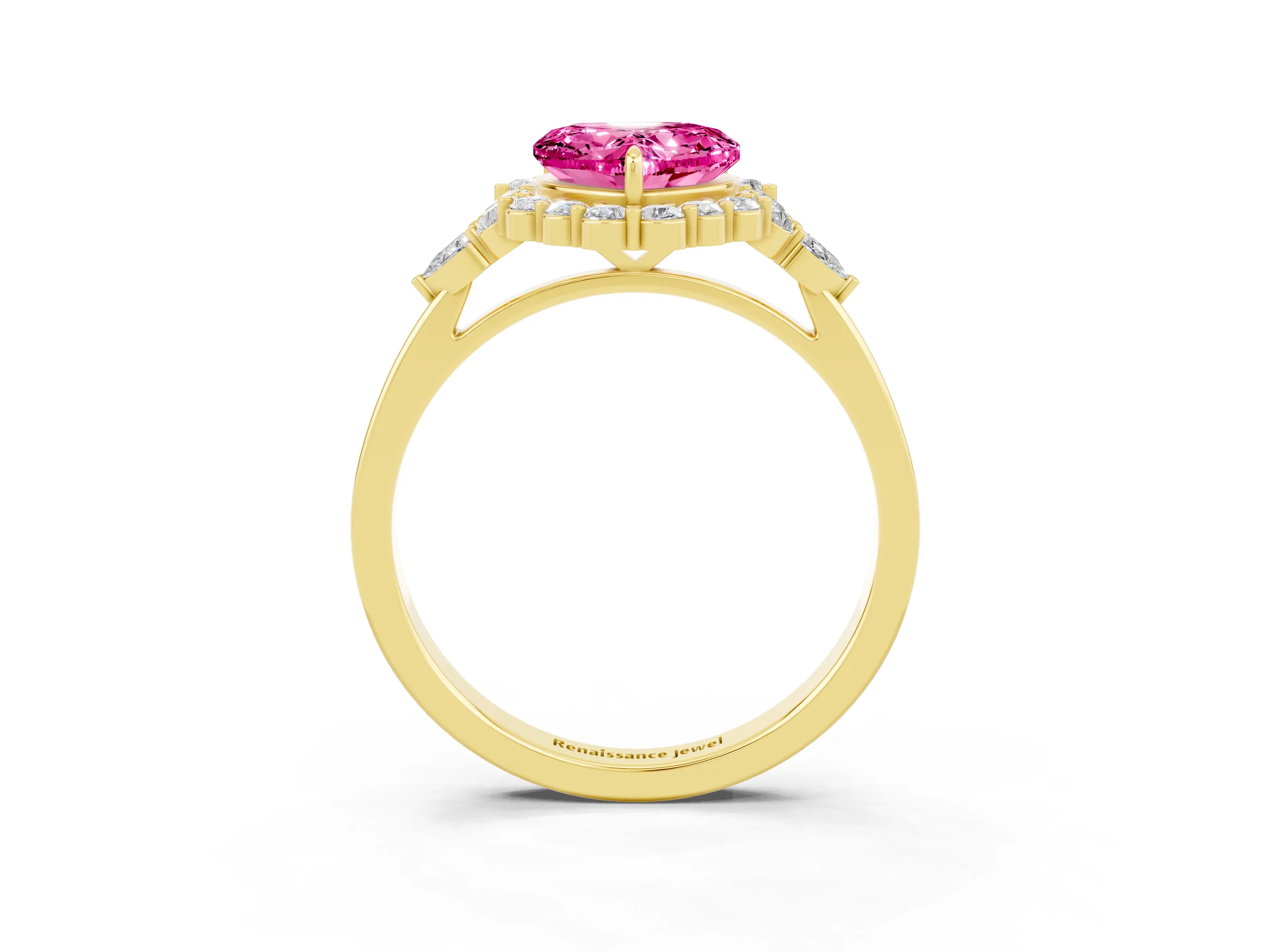 Yellow gold Heart Cut Pink Sapphire Halo Ring with Pear Side Stones and Prong Setting_15