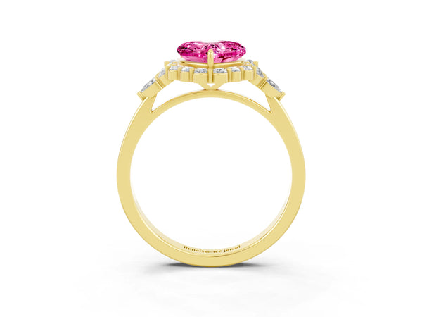 Yellow gold Heart Cut Pink Sapphire Halo Ring with Pear Side Stones and Prong Setting
