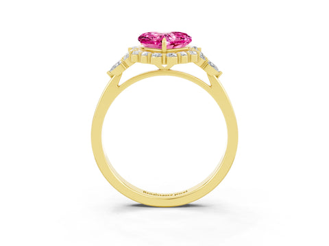 Yellow gold Heart Cut Pink Sapphire Halo Ring with Pear Side Stones and Prong Setting_15