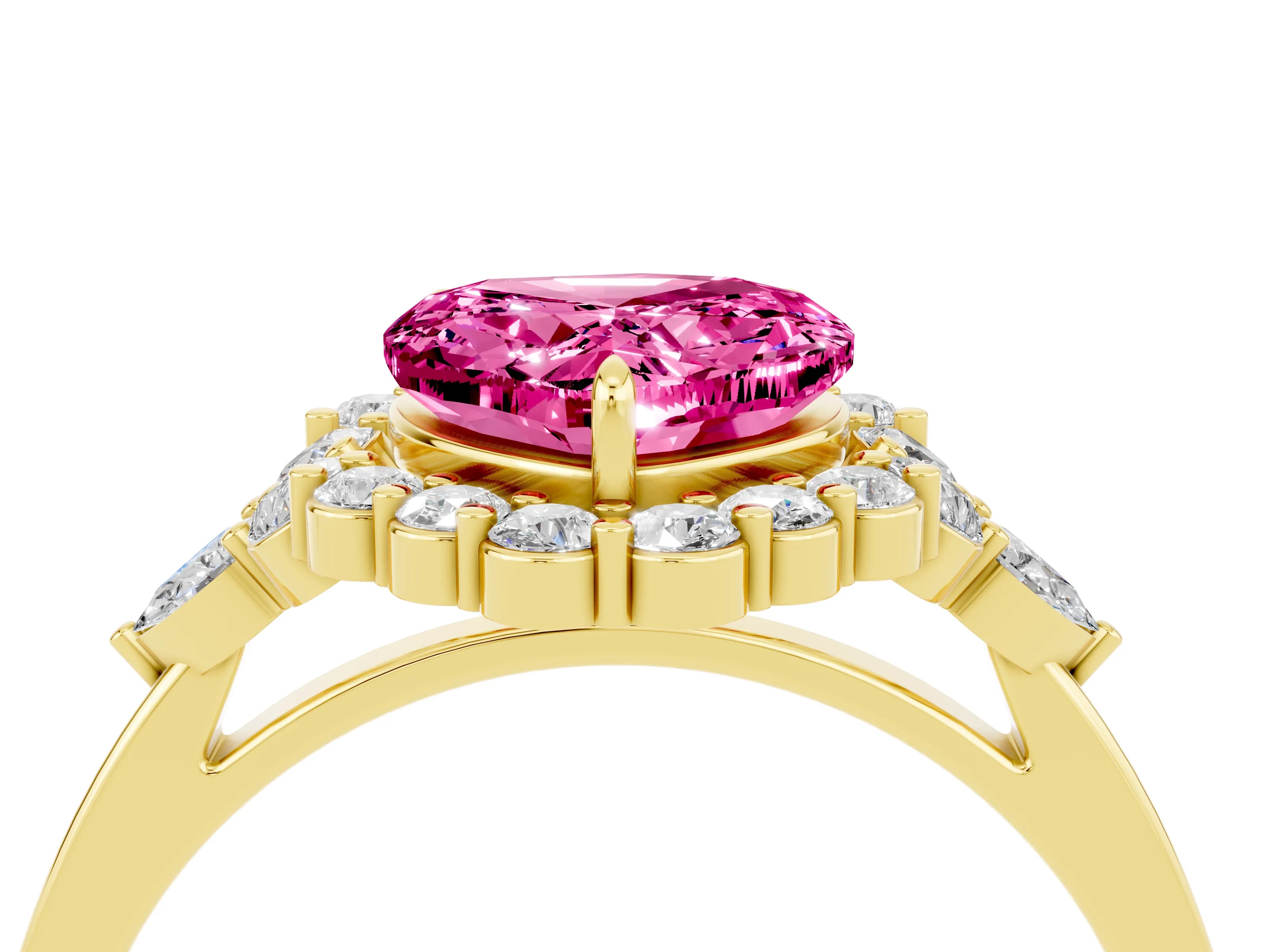 Yellow gold Heart Cut Pink Sapphire Halo Ring with Pear Side Stones and Prong Setting_16