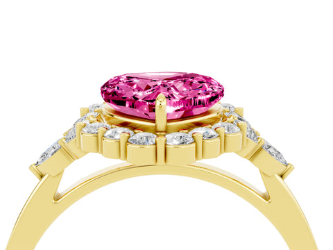 Yellow gold Heart Cut Pink Sapphire Halo Ring with Pear Side Stones and Prong Setting_16