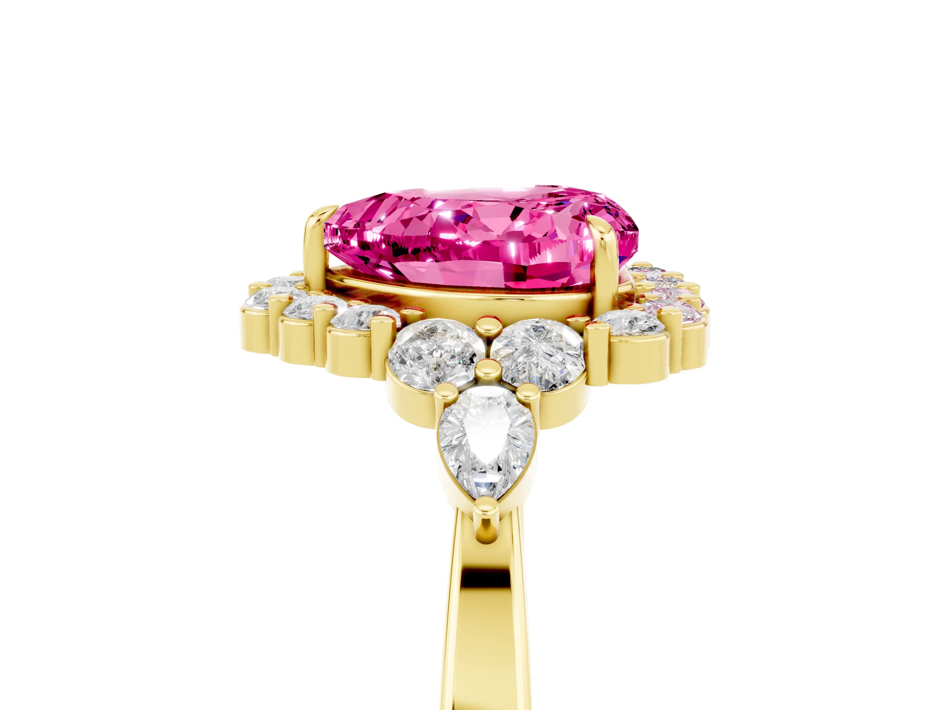 Yellow gold Heart Cut Pink Sapphire Halo Ring with Pear Side Stones and Prong Setting_17