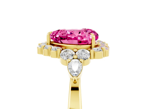 Yellow gold Heart Cut Pink Sapphire Halo Ring with Pear Side Stones and Prong Setting_17