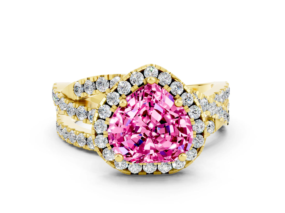 Yellow gold Heart Cut Pink Sapphire Halo Ring with Round Split Shank and Prong Setting_48