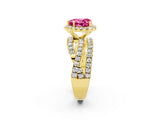 Yellow gold Heart Cut Pink Sapphire Halo Ring with Round Split Shank and Prong Setting_50