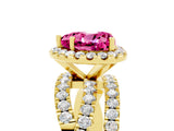 Yellow gold Heart Cut Pink Sapphire Halo Ring with Round Split Shank and Prong Setting_53