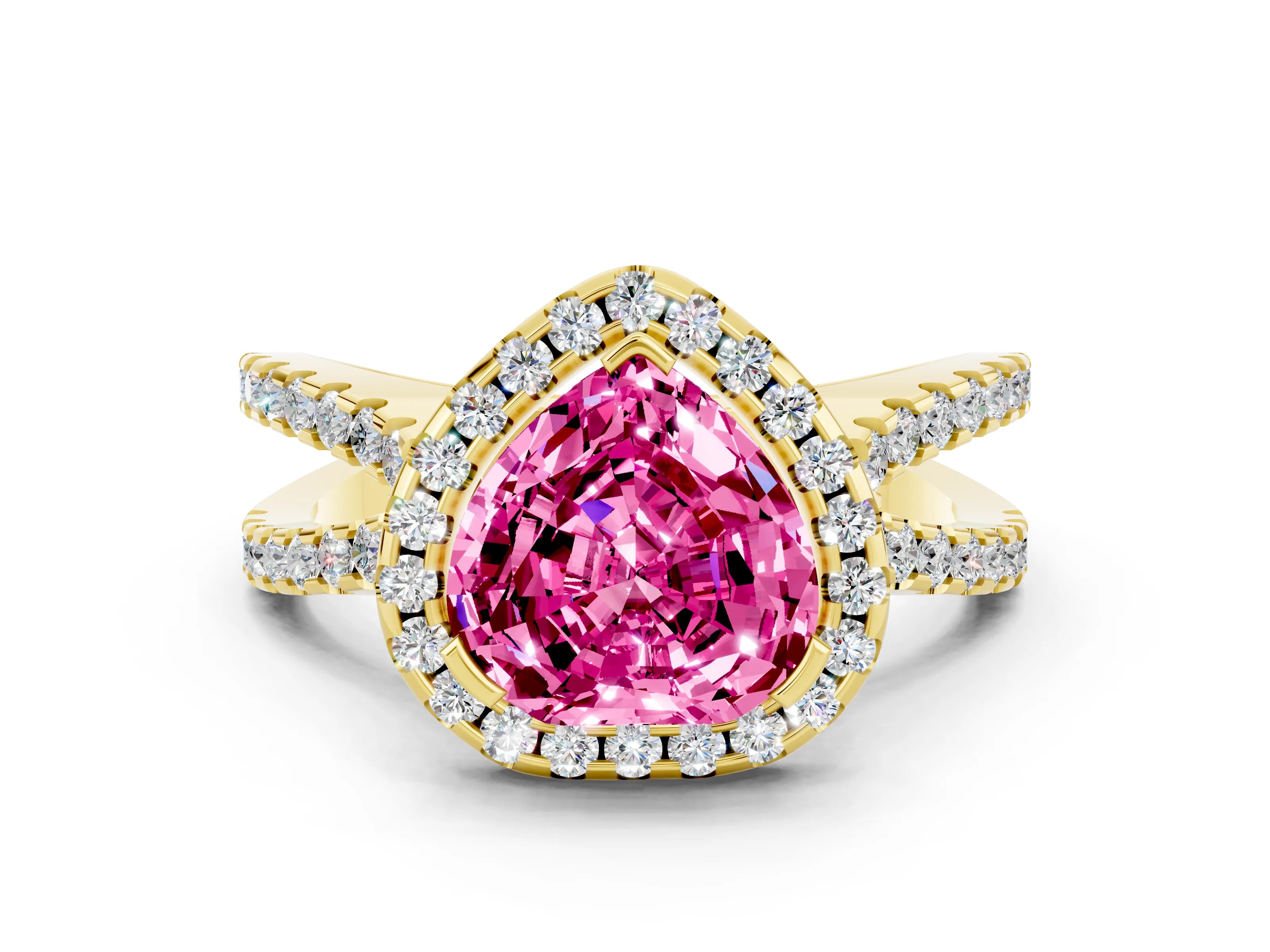 Yellow gold Heart Cut Pink Sapphire Halo Ring with Split Shank Pavé Band and Prong Setting_12