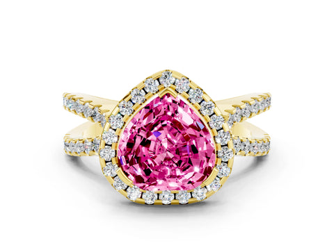 Yellow gold Heart Cut Pink Sapphire Halo Ring with Split Shank Pavé Band and Prong Setting_12