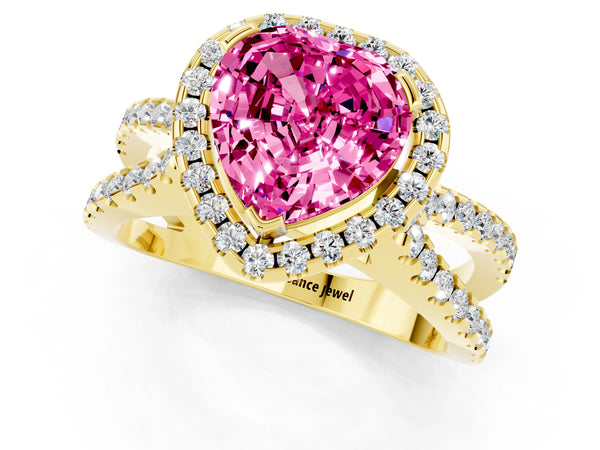Yellow gold Heart Cut Pink Sapphire Halo Ring with Split Shank Pavé Band and Prong Setting