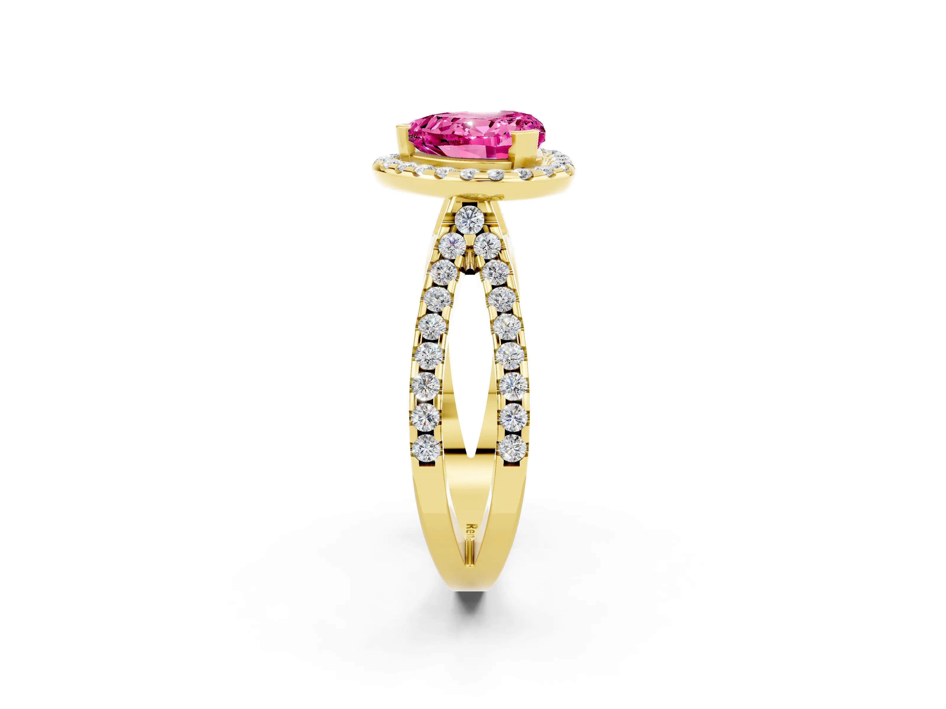 Yellow gold Heart Cut Pink Sapphire Halo Ring with Split Shank Pavé Band and Prong Setting_14