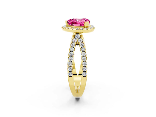 Yellow gold Heart Cut Pink Sapphire Halo Ring with Split Shank Pavé Band and Prong Setting